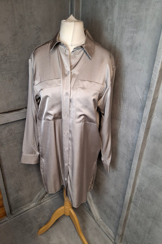 Primark Grey Silky Shirt | Long Sleeve | Size 12 | Smart Casual Workwear | New with Tags