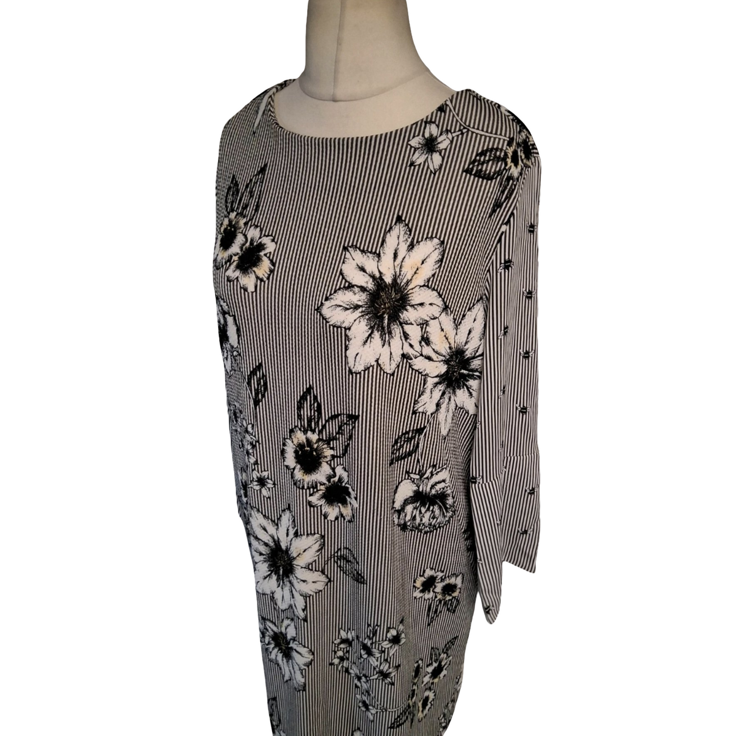 Next Black & White Stripe Floral Bee Print Midi Dress – Long Sleeves, Size 16, Polyester
