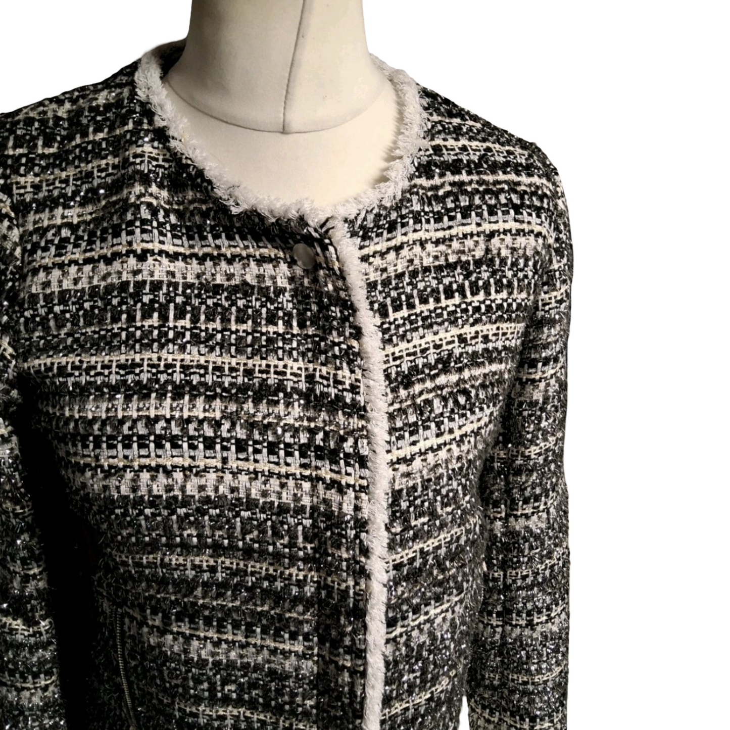 Next Tailoring Black & White Tweed Blazer – Size 10R – Zip Front & Pockets