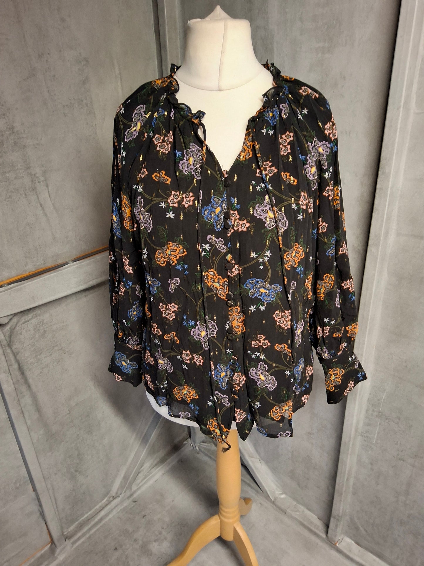 Per Una Black Floral Blouse – Size 14 – Autumn Colours, Glitter & Frill Collar