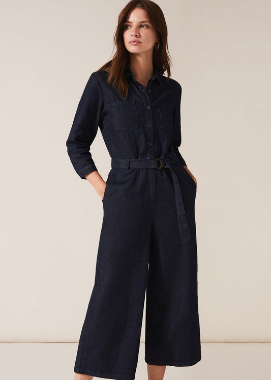Phase Eight Denim Blue Cropped Flared Leg Jumpsuit – Size 10 – 100% Cotton