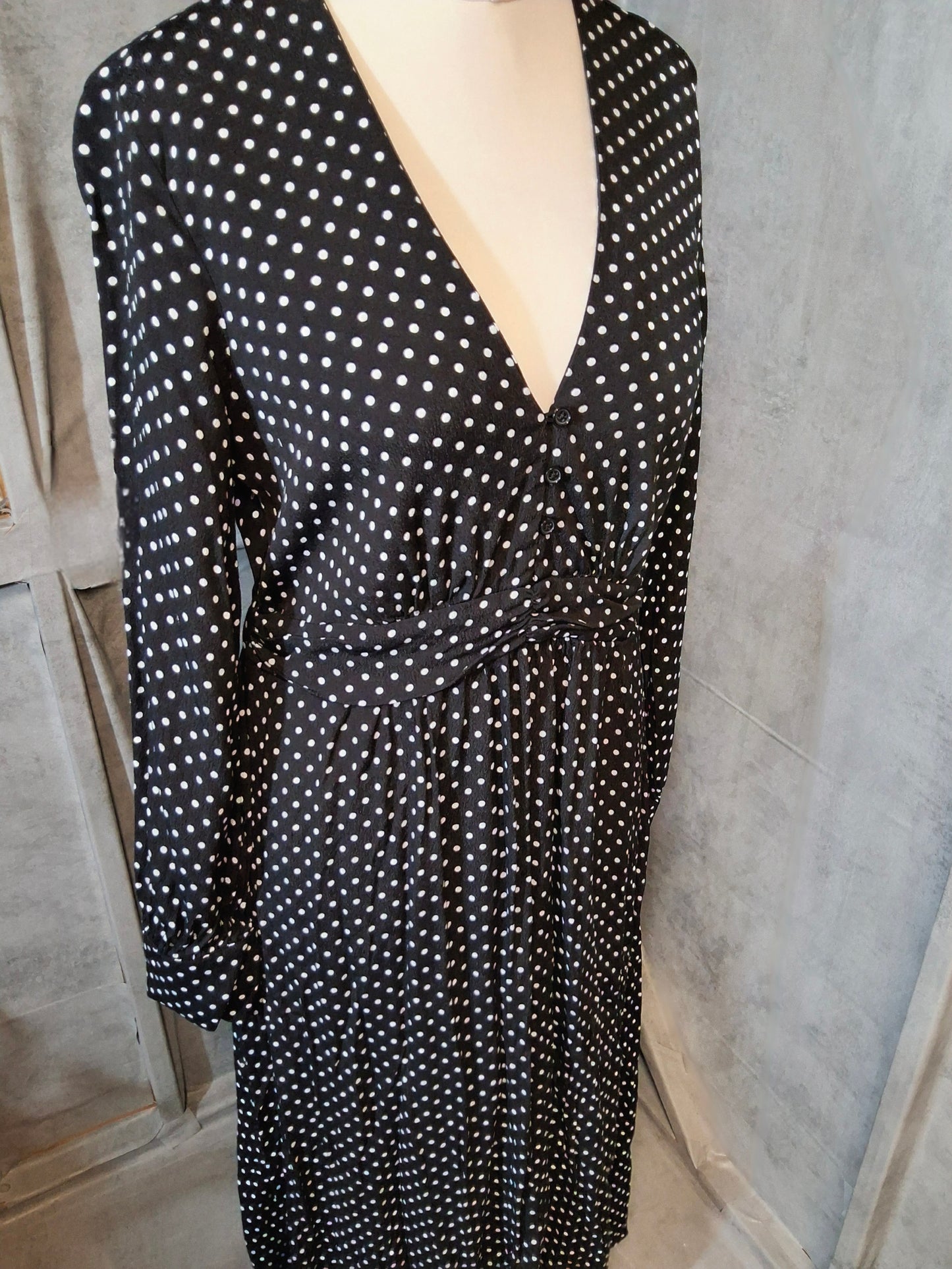 Mango Black & White Polka Dot Midi/Long Dress – V Neck – Size L (UK size 12)