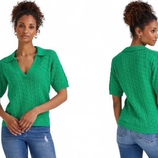 Matalan Green Crochet Jumper – Collared Neckline – Size L (size 18/20)