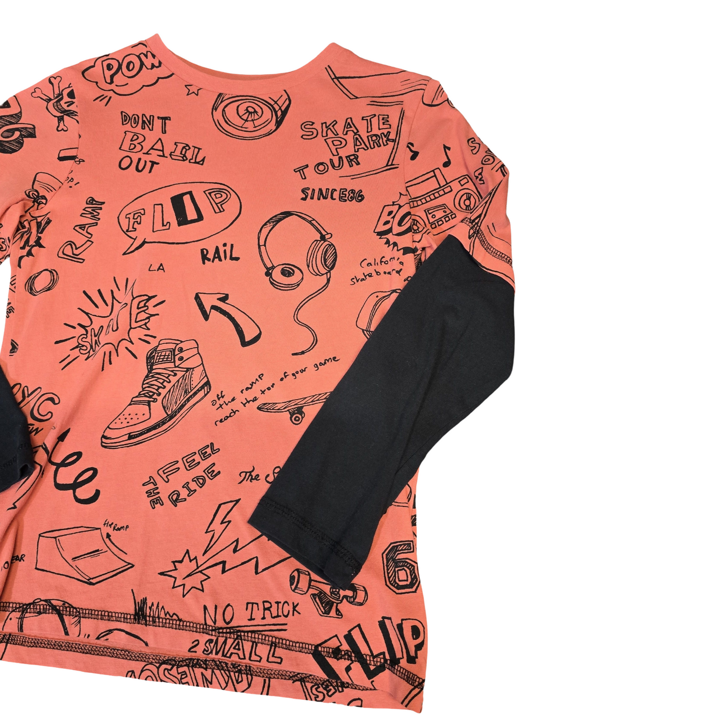 F&F Coral Orange & Black Long Sleeve Graphic Tee – Boys 7–8 Years