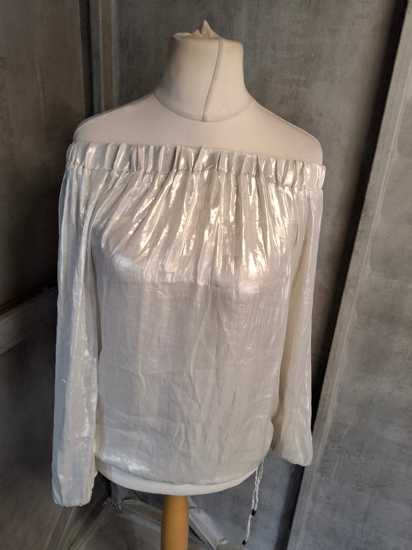 Next Cream Ivory Off-Shoulder Shiny Long Sleeve Top – Size 14