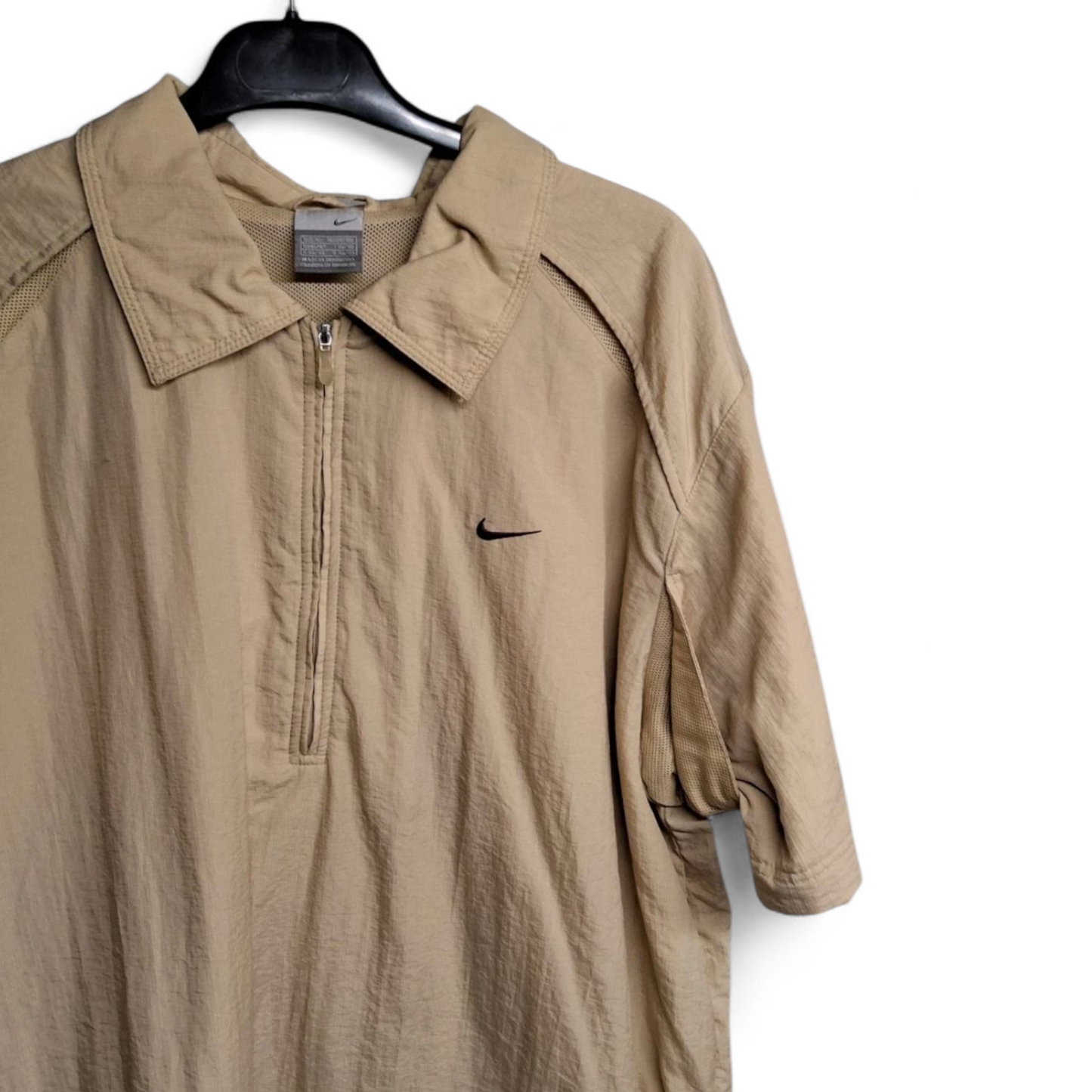 Men's Vintage 90s Y2K Nike Track Jacket – Beige, XL, 1/4 Zip, Short Sleeve, Logo, Retro Streetwear