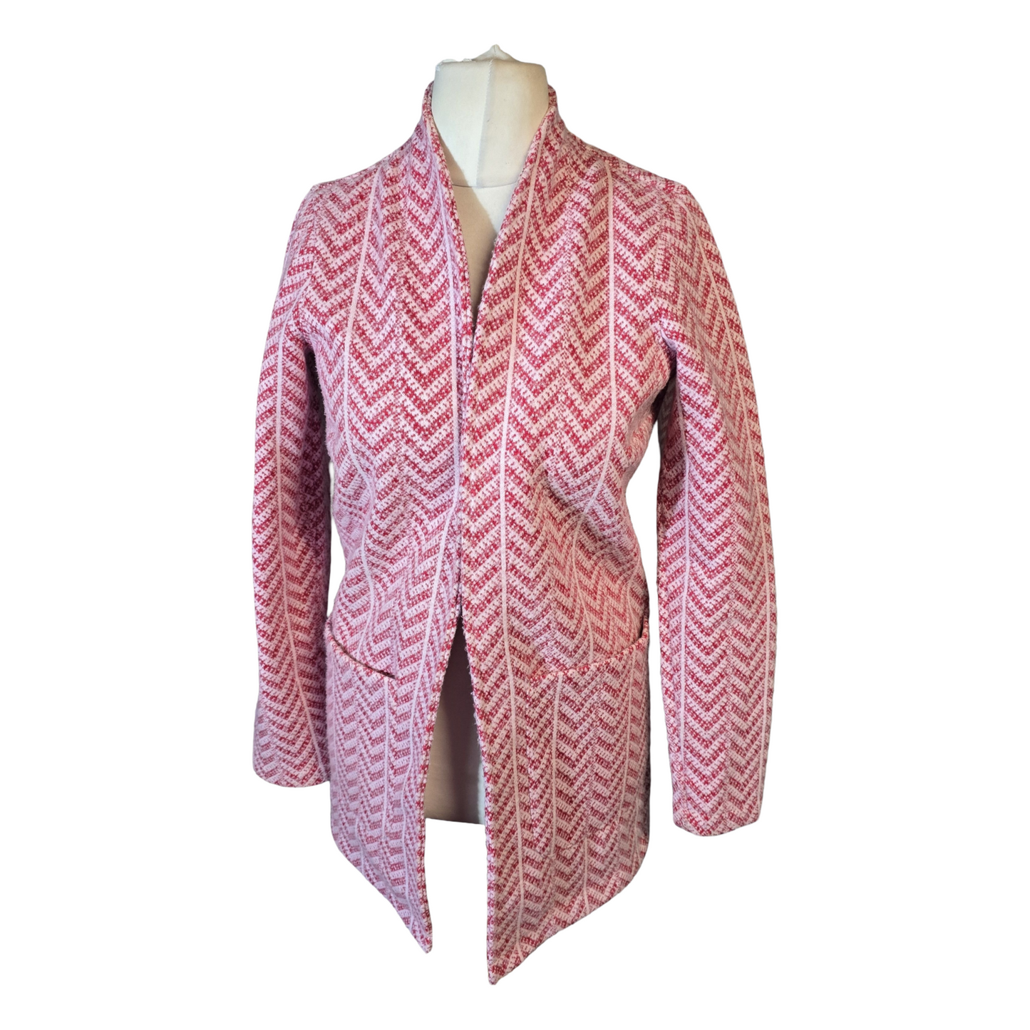 Next Pink & Red Knit Open Overcoat – Size 8 – Midi Length with Pockets