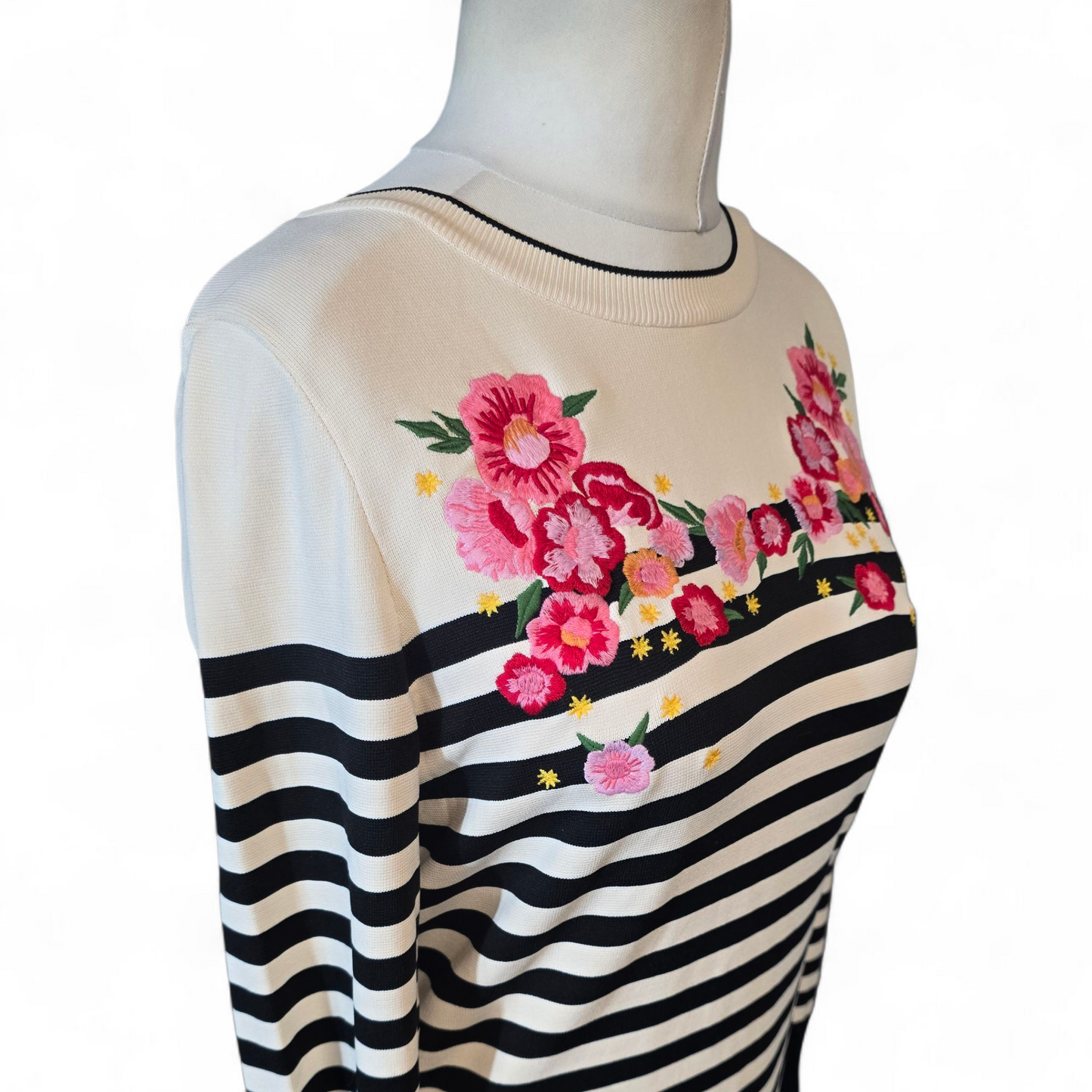 Next Black & White Striped Jumper with Pink Floral Embroidery – Size 12