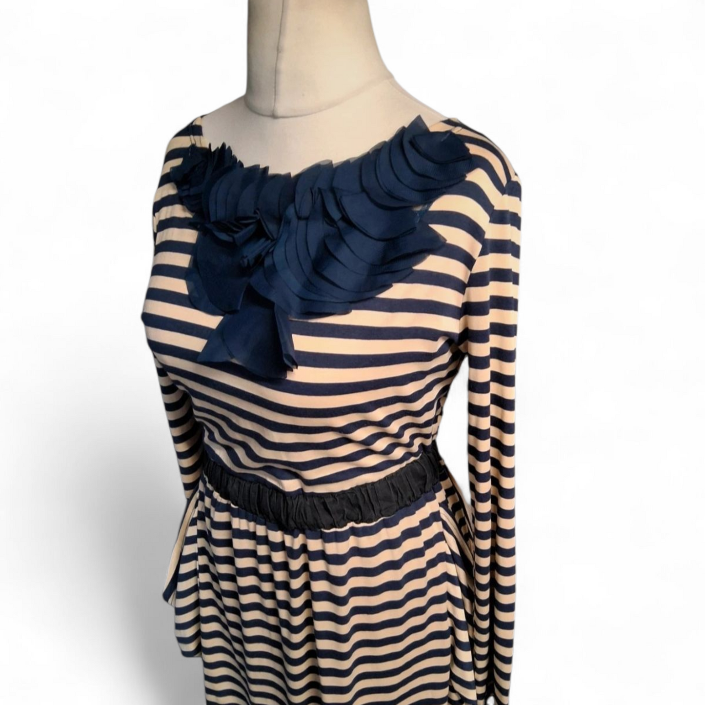 Max C Navy & Cream Striped Long Sleeve Dress – Size 12 – Pockets & Elastic Waist