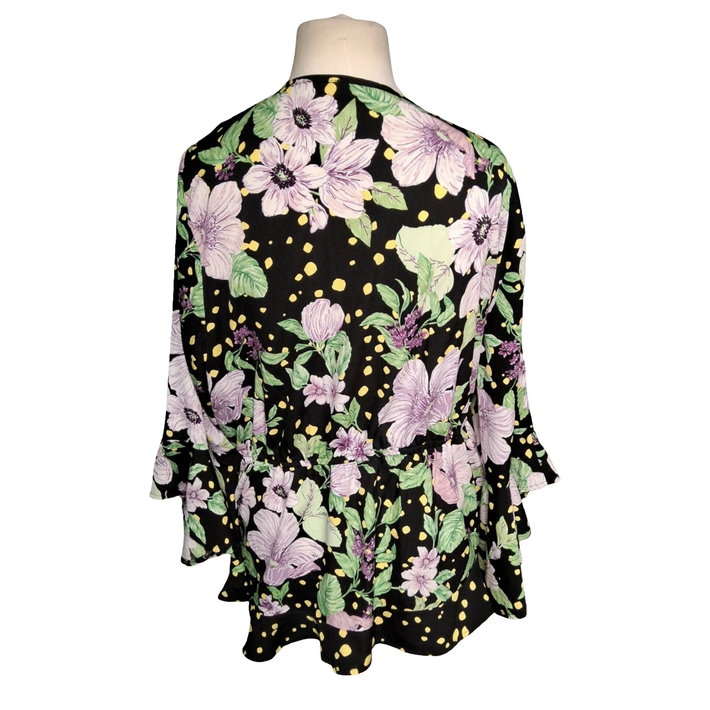 Simply Be Size 22 Wrap Peplum Top – Floral & Polka Dot Print with Flared Sleeves – Statement Style