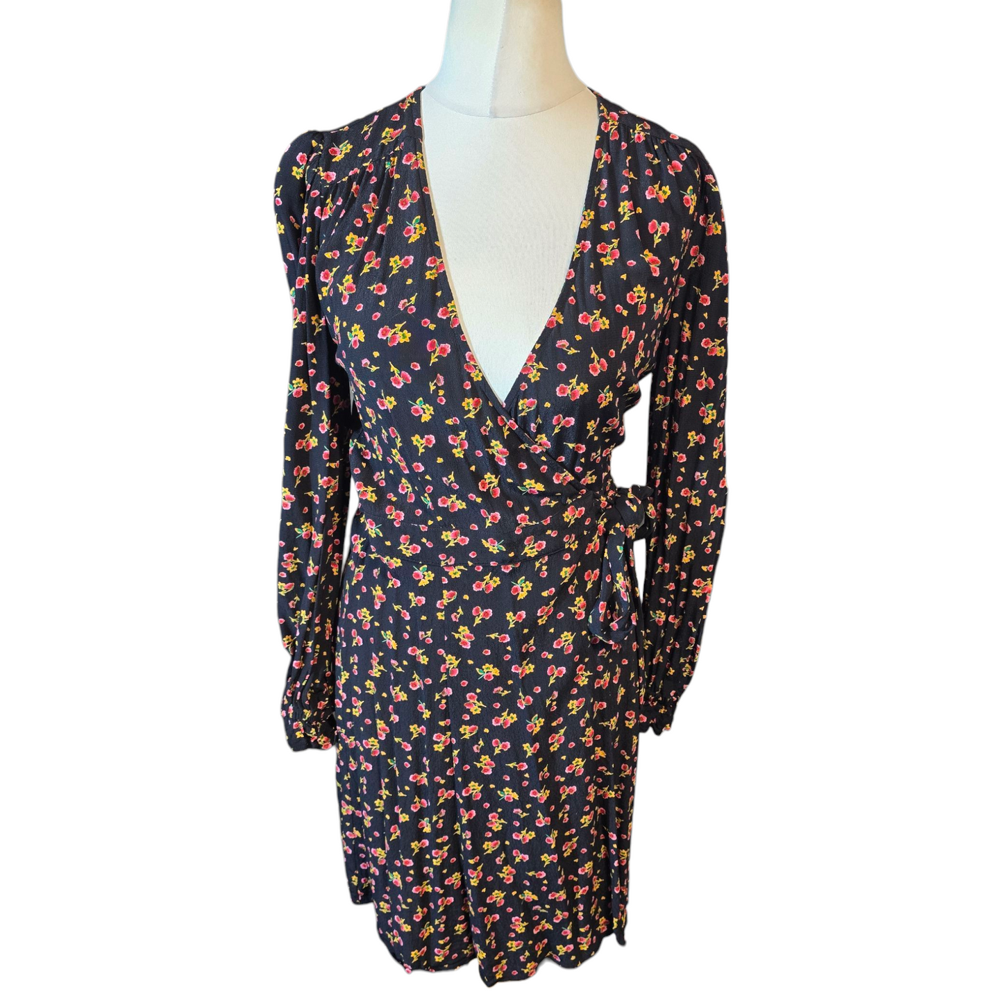 M&S Ghost Black Floral Wrap Midi Dress – Size 8 Regular – Viscose Elegance