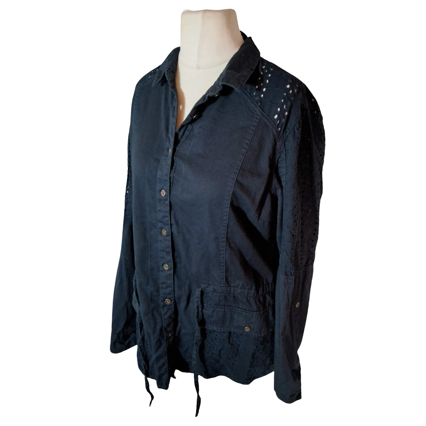 Tu Black Utility Shirt with Broderie Anglaise Cut-Out Sleeves – Size 14