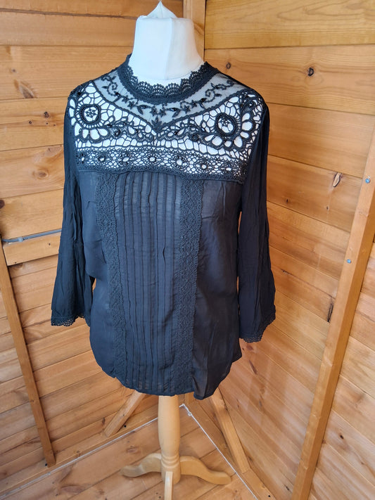 Monsoon Black Lace & Bead Blouse – Size 12 – NWT – RRP £59 – Slightly Sheer Glam