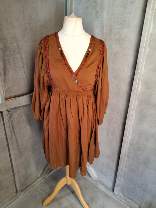 Monsoon Light Brown Embroidered Dress – Size 12 – 100% Viscose