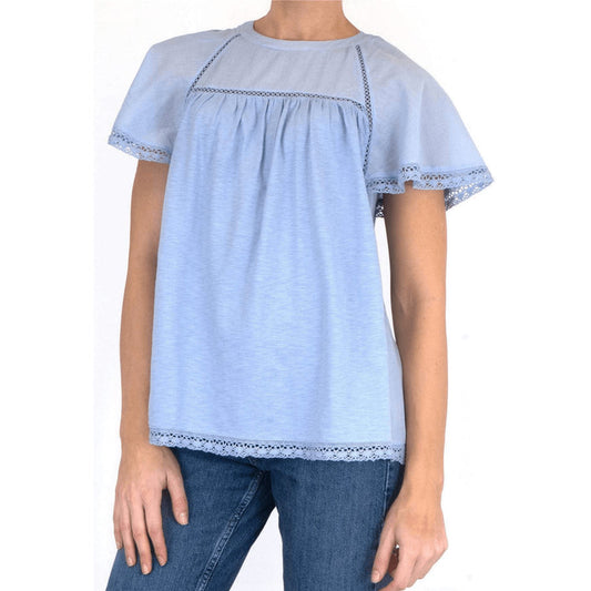 Per Una Blue Cotton Crochet Detail Top – Size 18 – Floaty Sleeves & Relaxed Fit