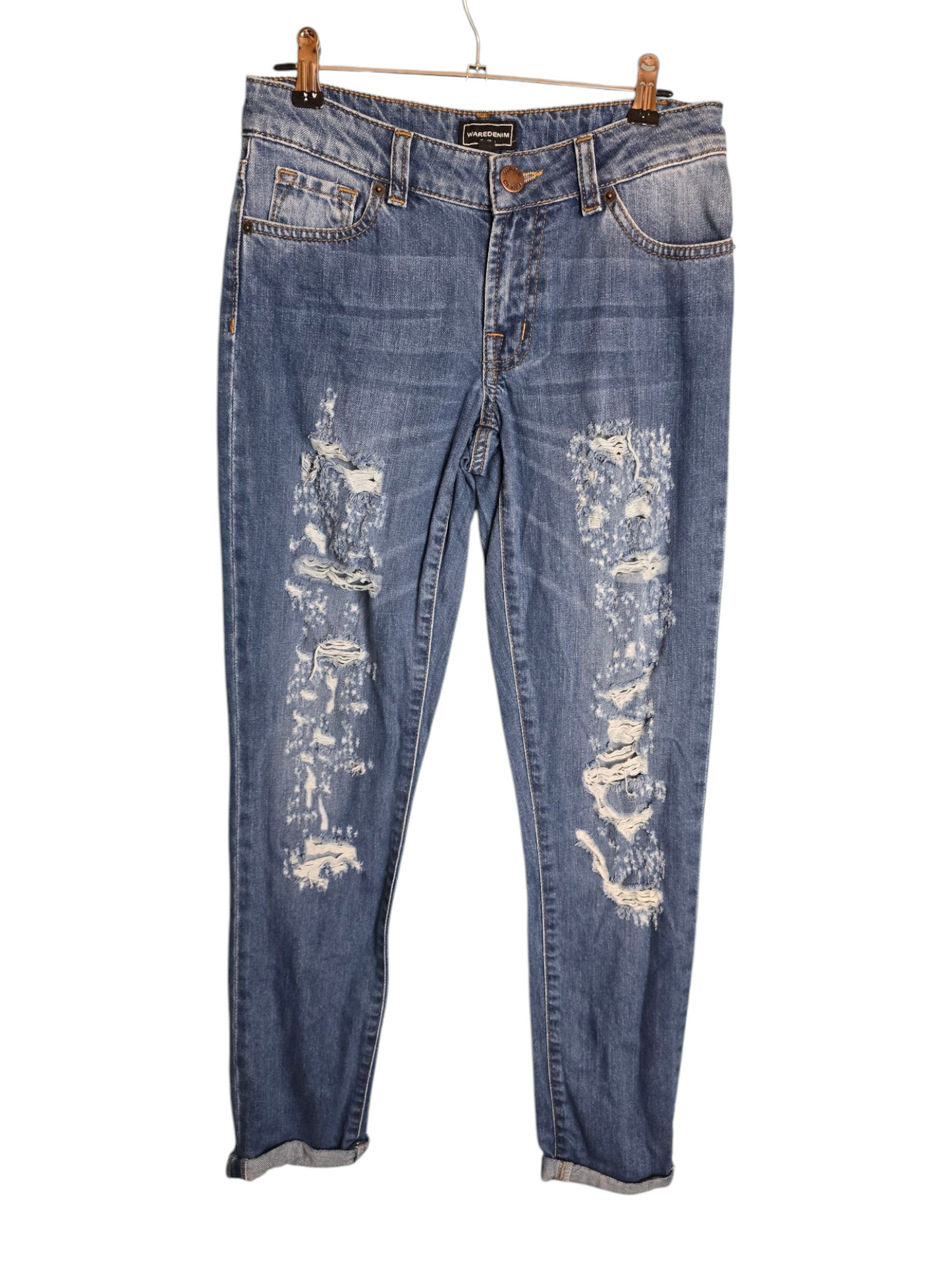 Warehouse Blue Ripped Skinny Jeans Size 6 – Mid-Rise, Distressed Style, Front & Back Pockets