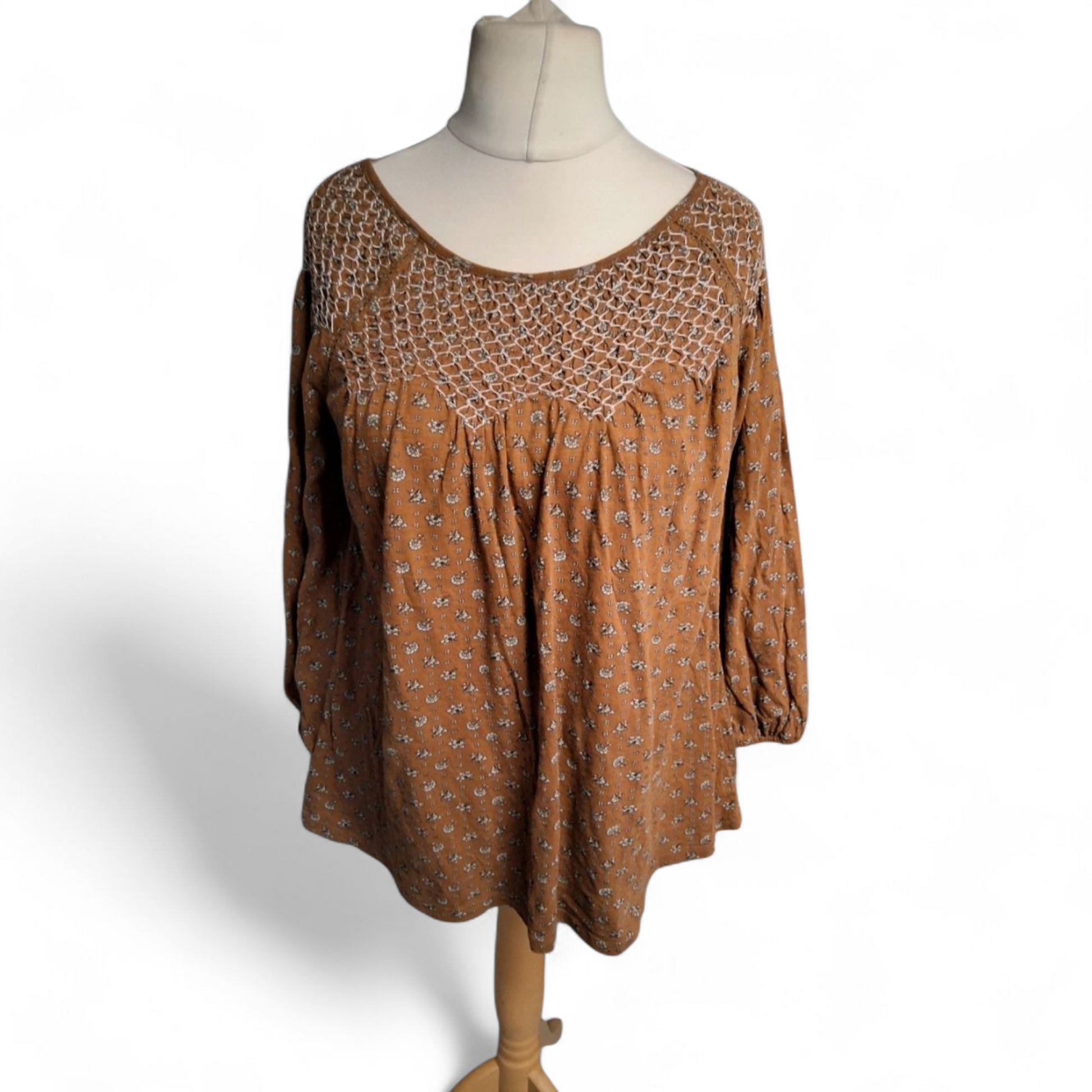 FatFace Brown Floral ¾ Sleeve Top – Size 14 – 100% Cotton