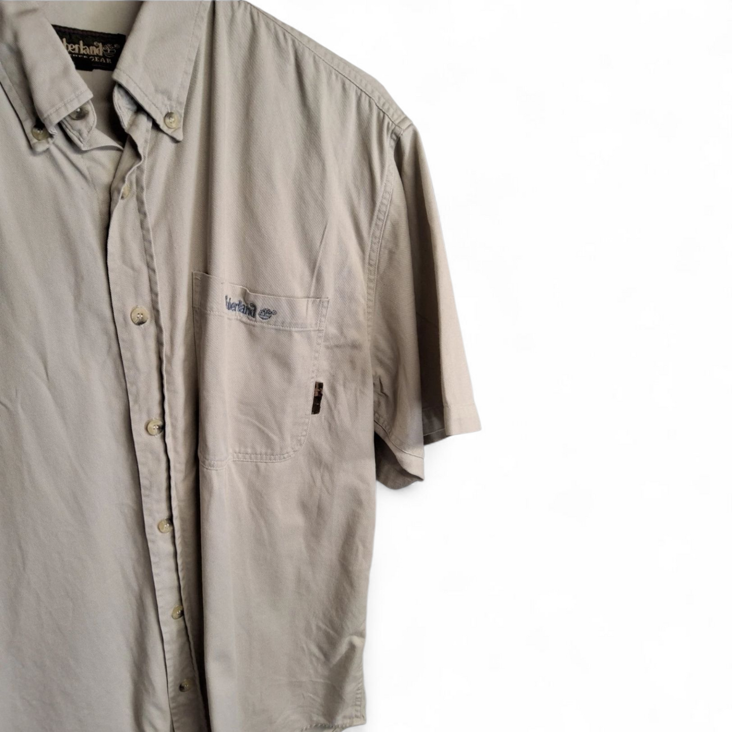 Men's Vintage 90s Timberland beige 100% cotton short sleeved shirt Large