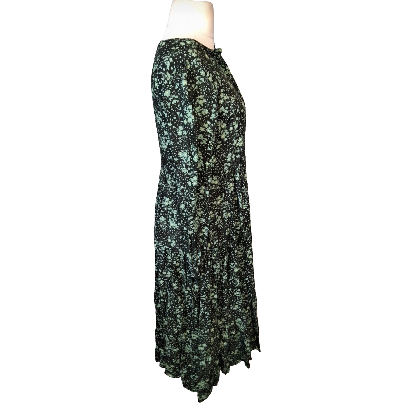 Zara Black & Green Floral Midi Dress – Long Sleeve – Size S (UK size 10/12)