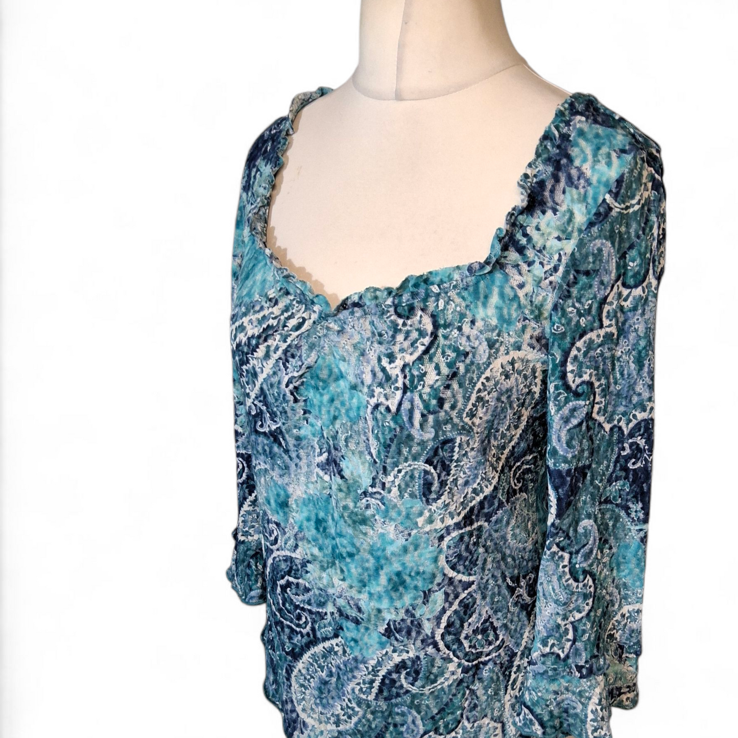 Per Una Blue Patterned Sheer Lace Top – Flared Cuffs – Size 14