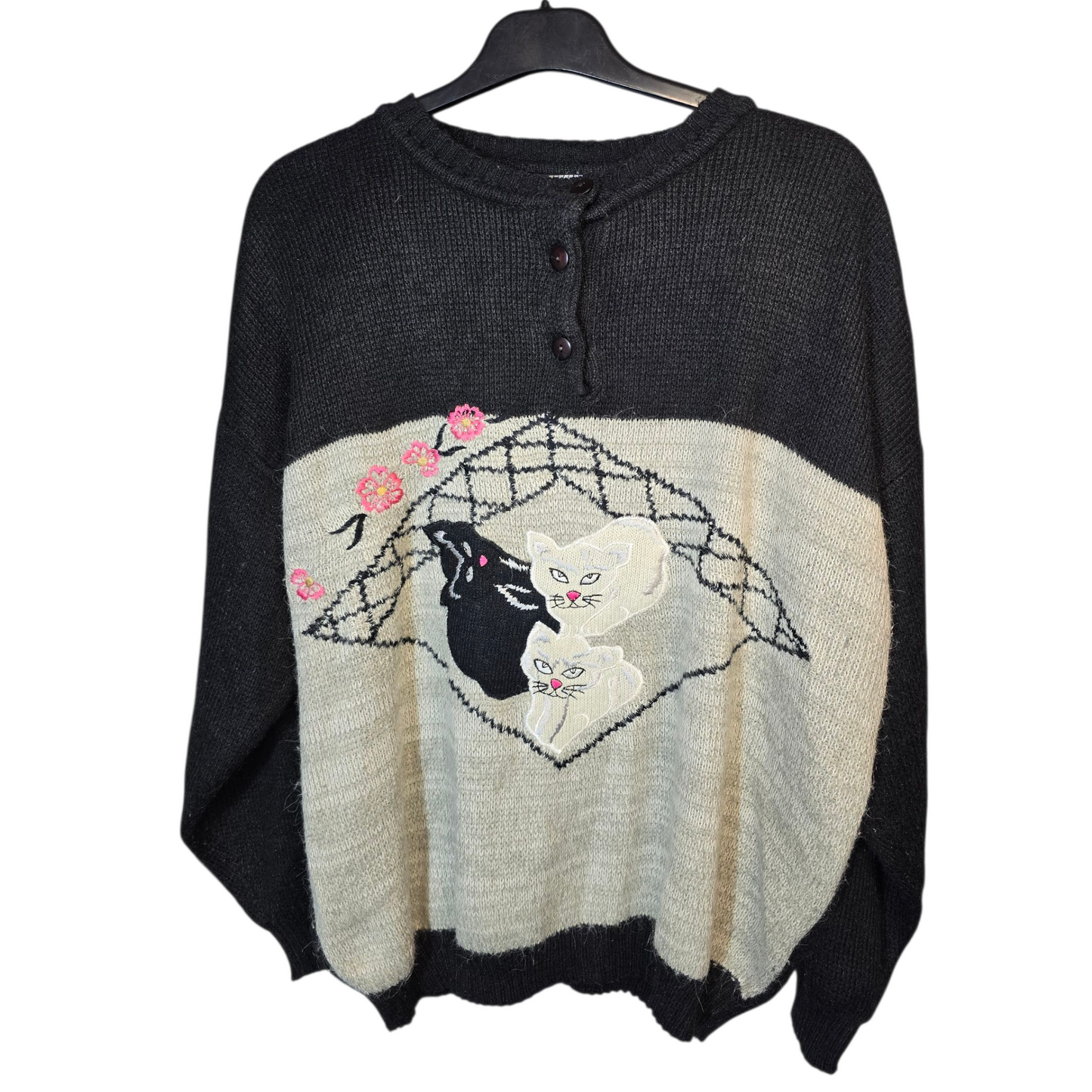 Vintage Hannah Grey & Black Cat Design Knitted Jumper – Oversized Fit