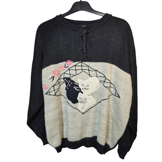 Vintage Hannah Grey & Black Cat Design Knitted Jumper – Oversized Fit