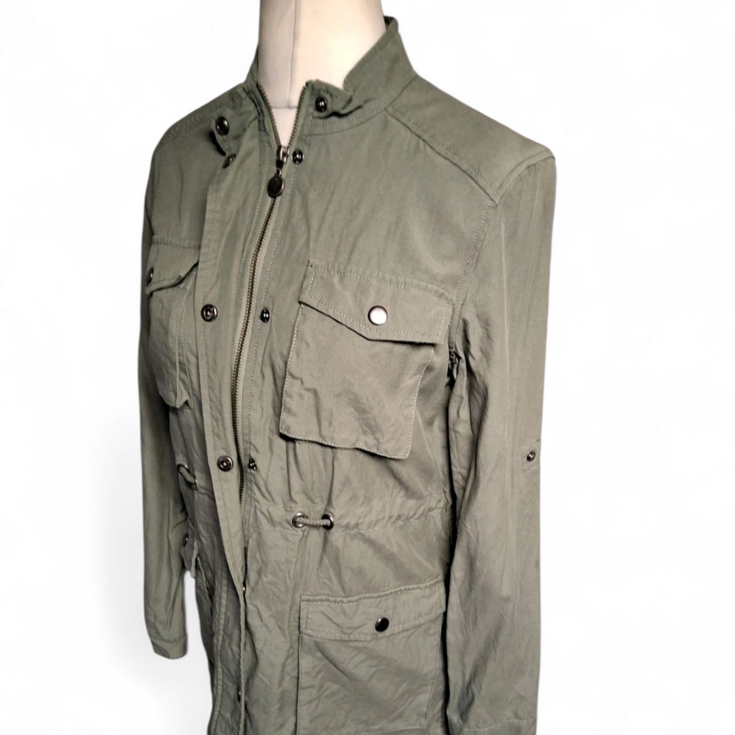 Thought Khaki Green Parka Jacket Size 10 – Lyocell/Cotton, Zip & Popper Close, Drawstring Waist