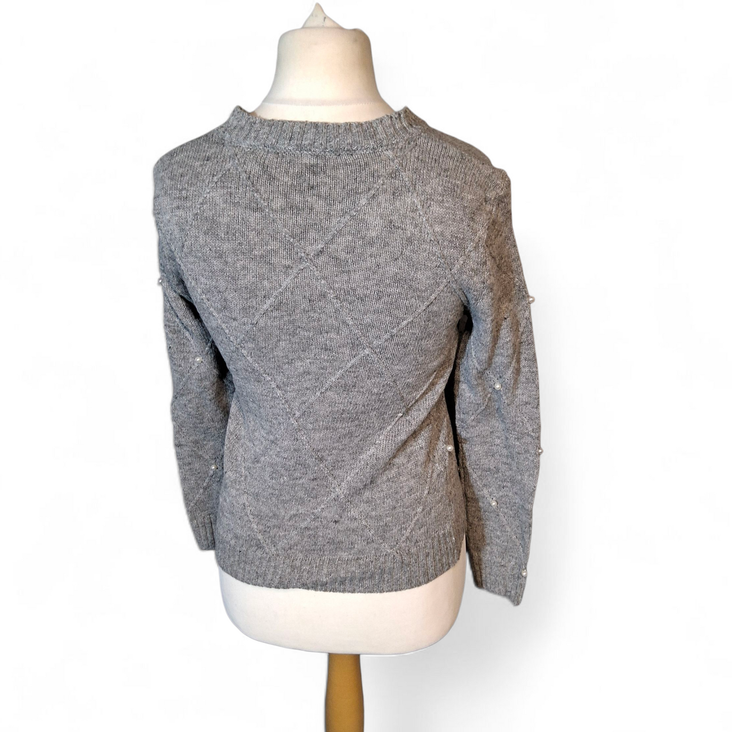 Shein Grey Knit Jumper – Pearl Detail – Size Small (UK size 8) – 100% Polyester