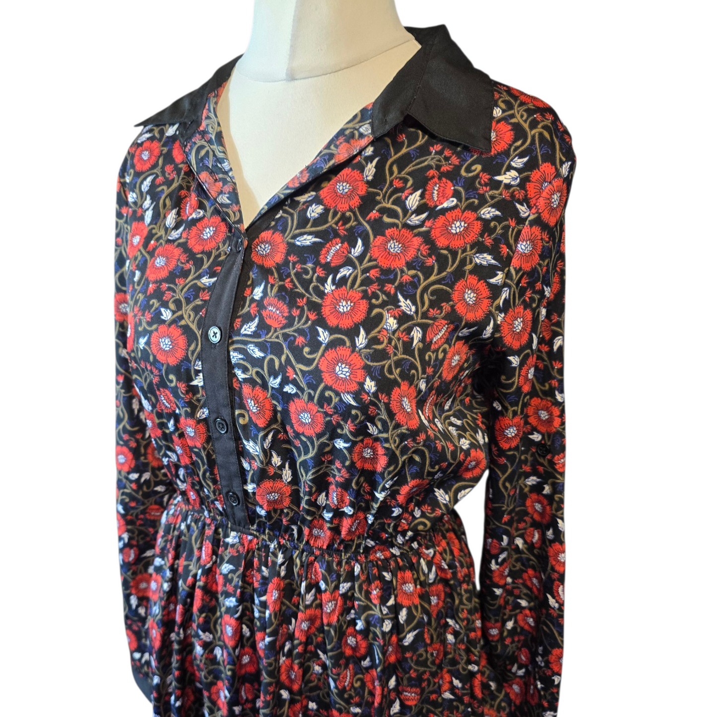 Primark Black & Red Floral Collared Dress – Size 12 – Long Sleeved Knee Length
