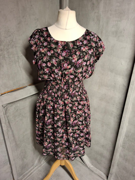 Y2K New Look Floral Dress – Black & Pink – Lined – Size 14 – Cottagecore Vibes
