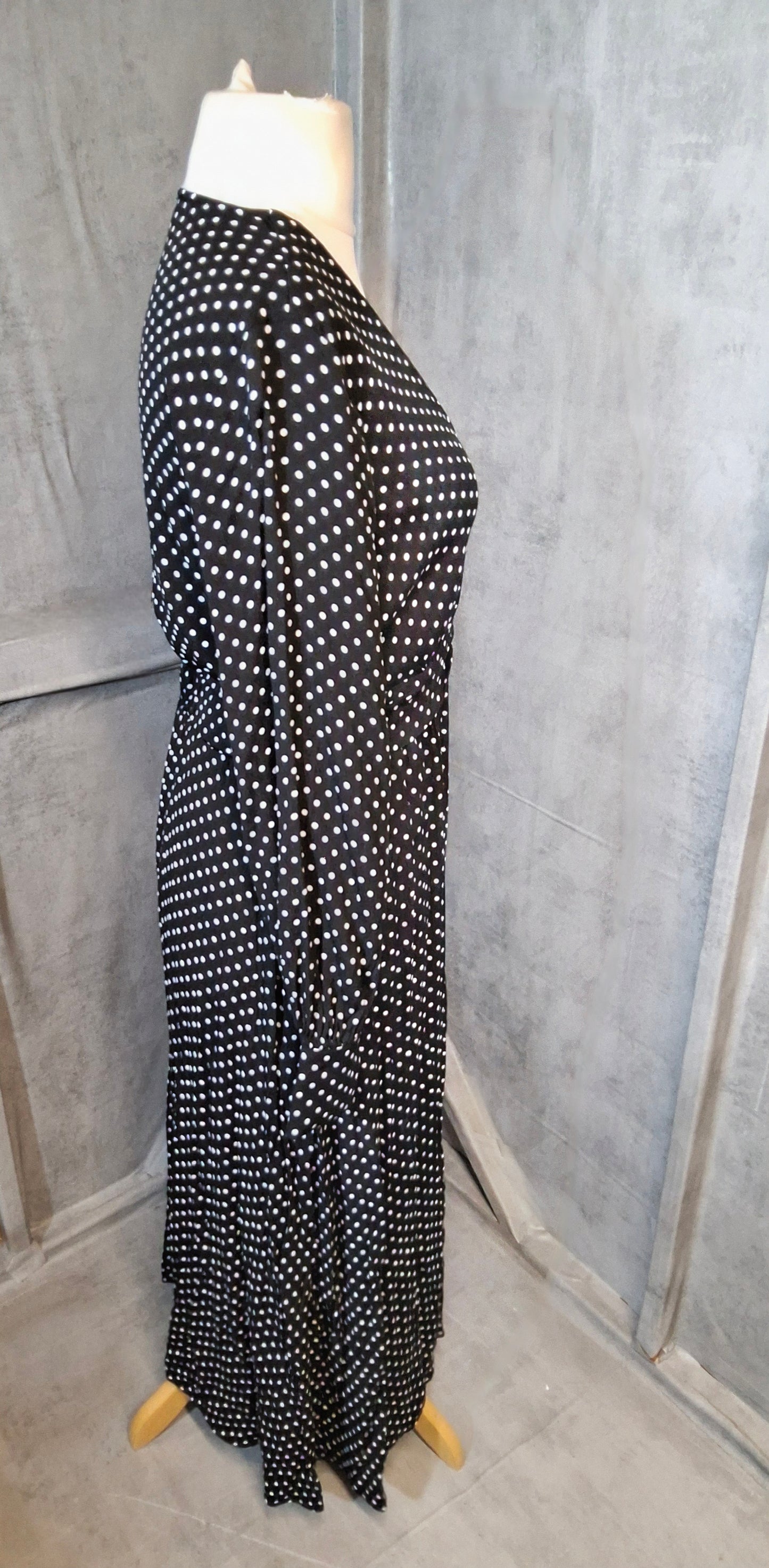 Mango Black & White Polka Dot Midi/Long Dress – V Neck – Size L (UK size 12)