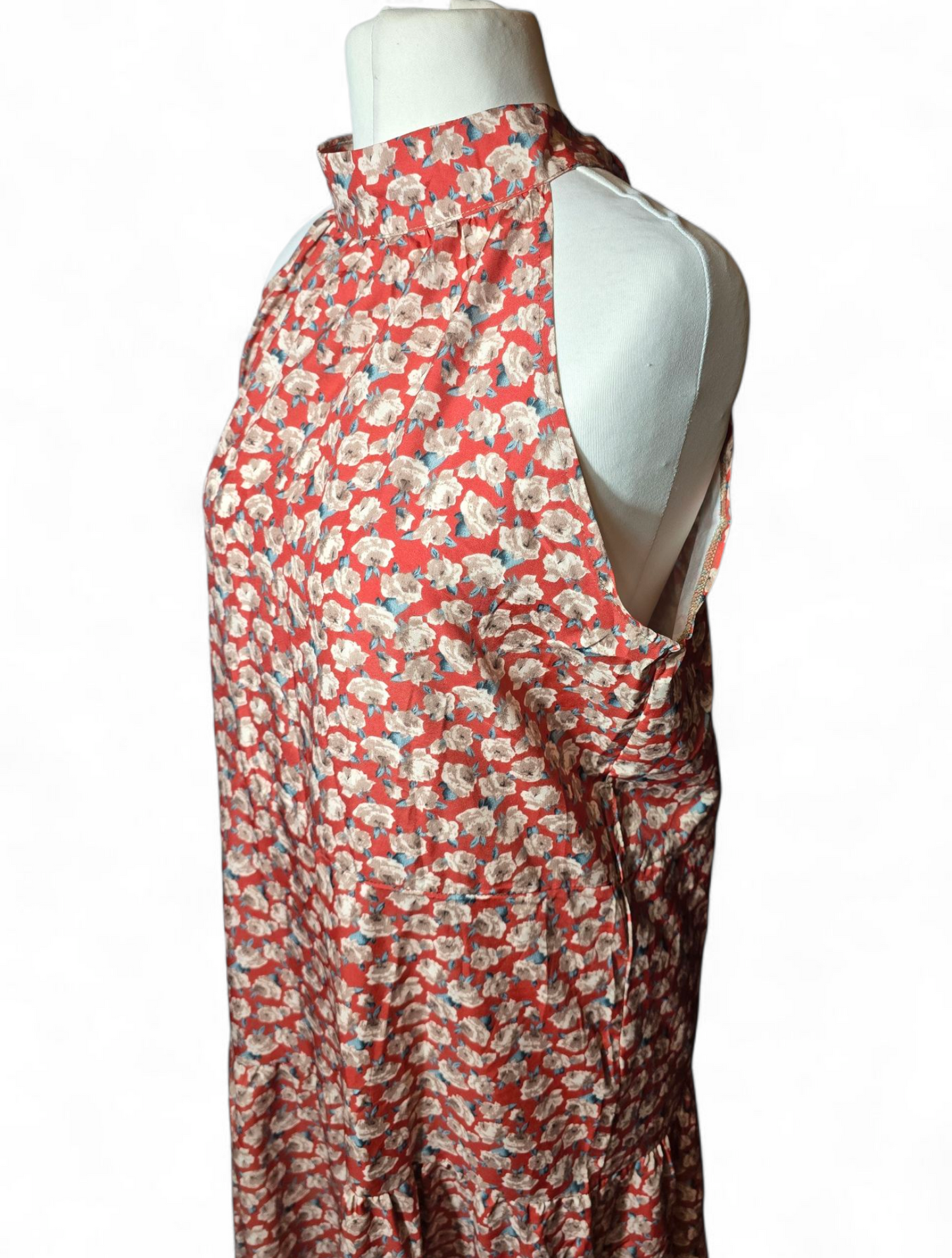 Red & beige floral halterneck sleeveless flared maxi dress XL size 14/16