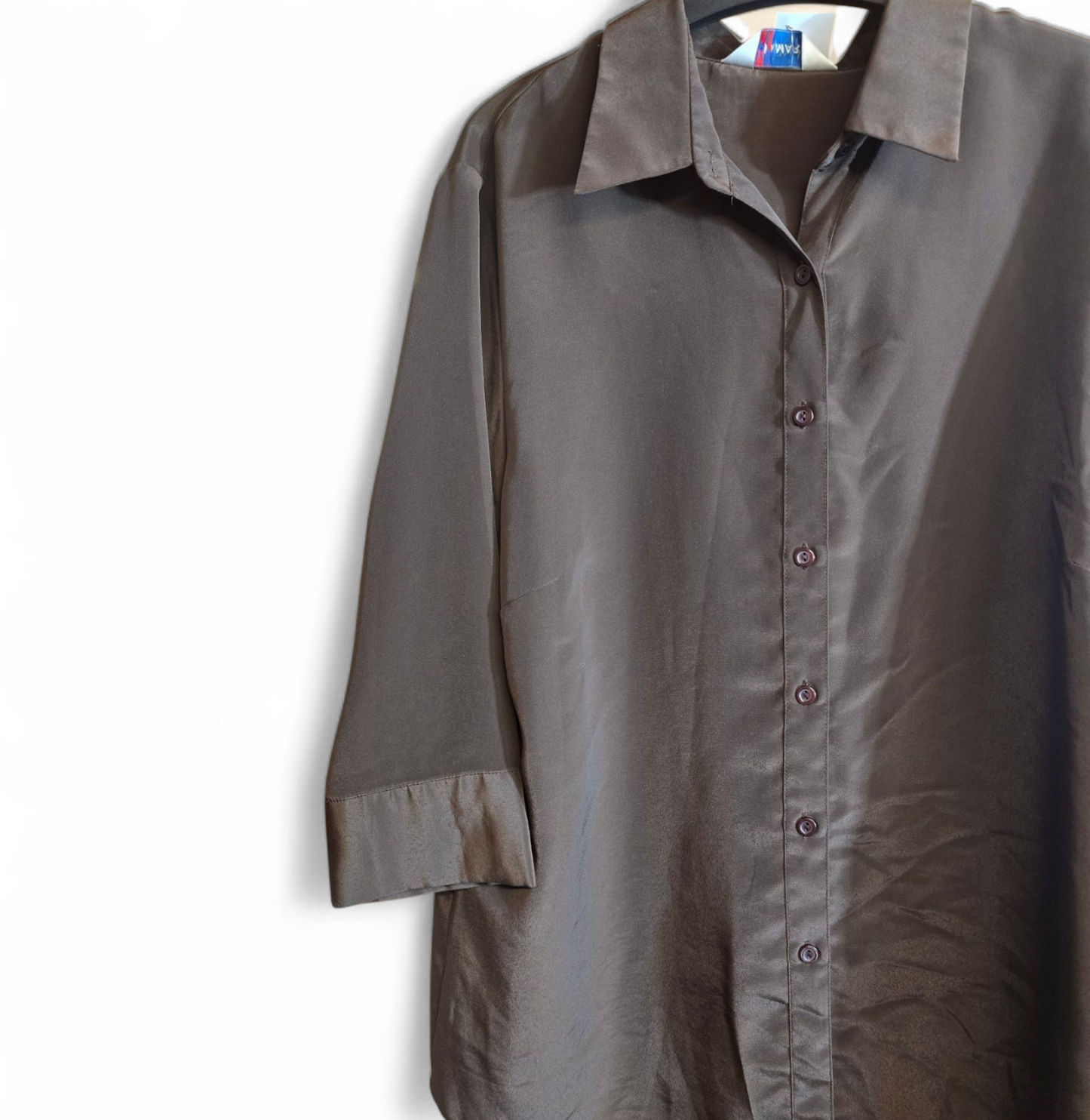 Damart Brown 3/4 Sleeve Collared Shirt | Size 18 UK | Relaxed Fit Button-Up