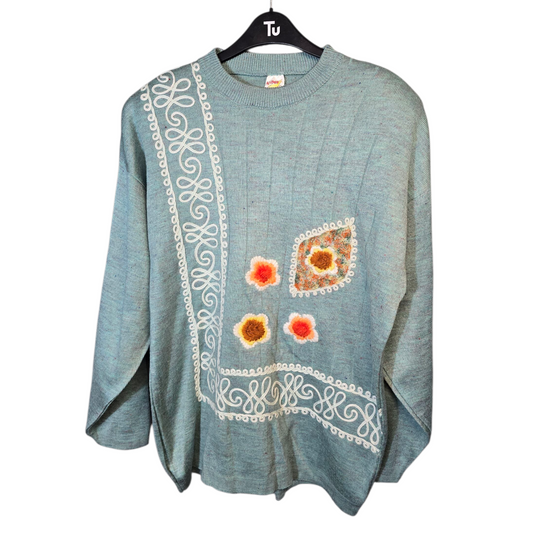 Vintage Nermin Turquoise Knitted Jumper – Floral Design – Shoulder Pads – Retro Style