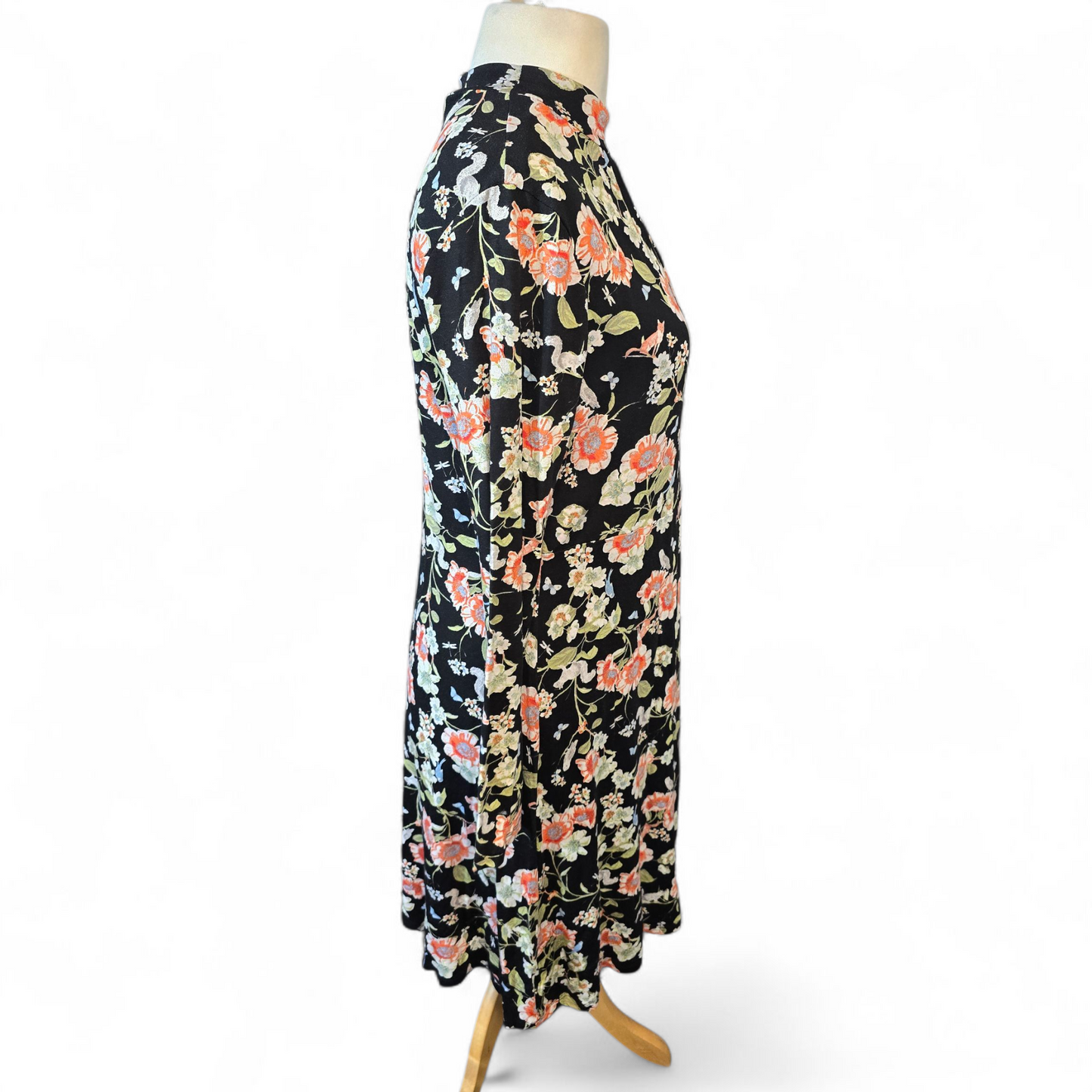 Tu Black Floral Stretch Dress – High Neck, Knee to Midi Length – Size 16