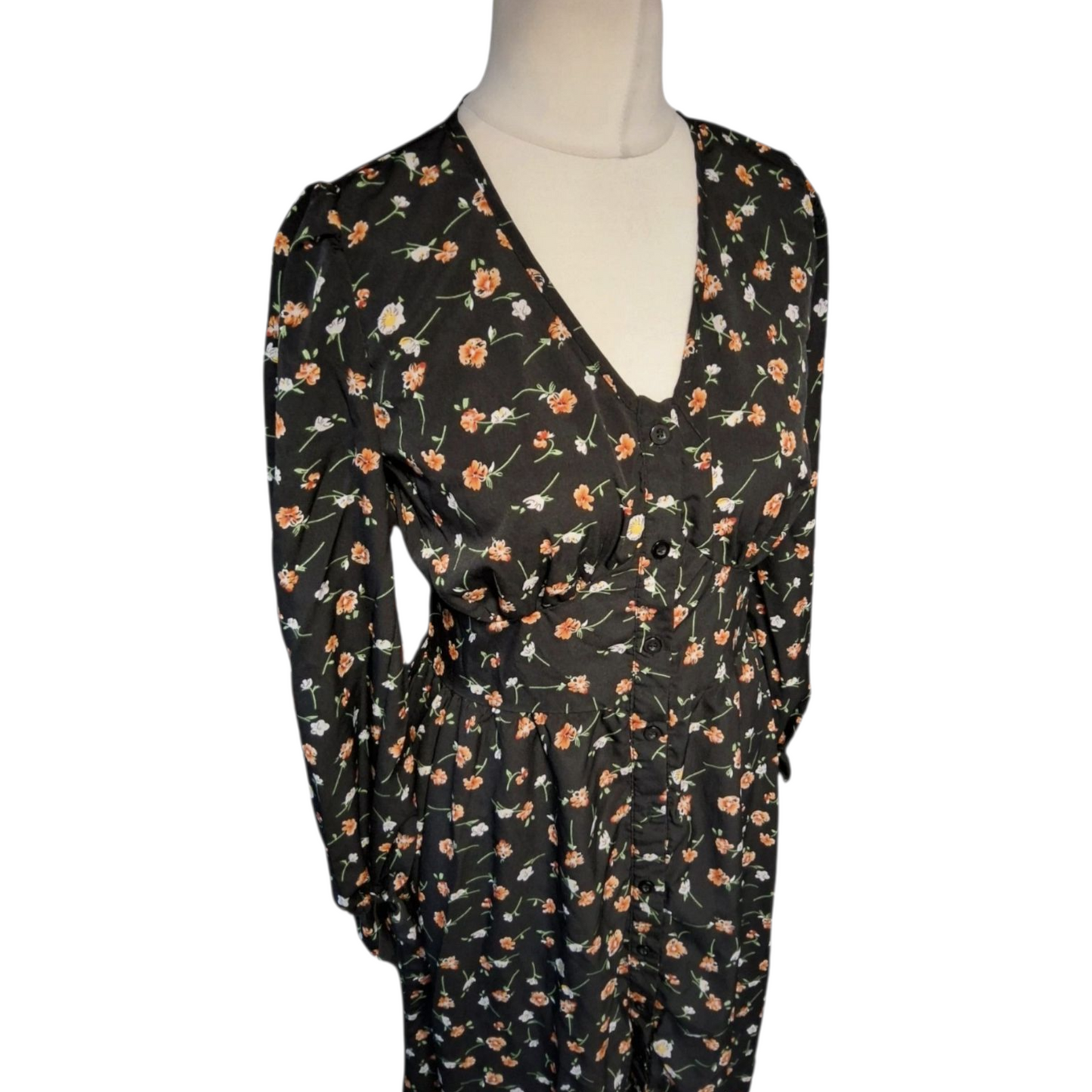 Shein Black Floral Midi Dress – Size M (UK size 10) – Button Front, Long Sleeves, Elastic Cuffs