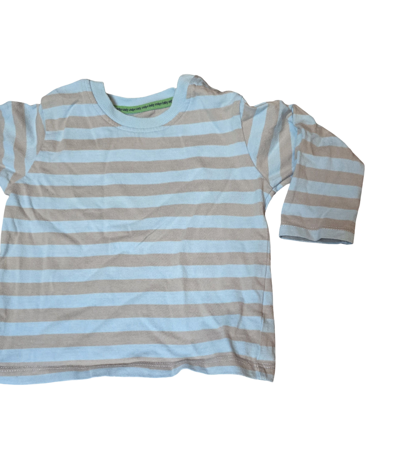 M&S Blue & Grey Striped T-Shirt – Boys 6–9 Months – 100% Cotton