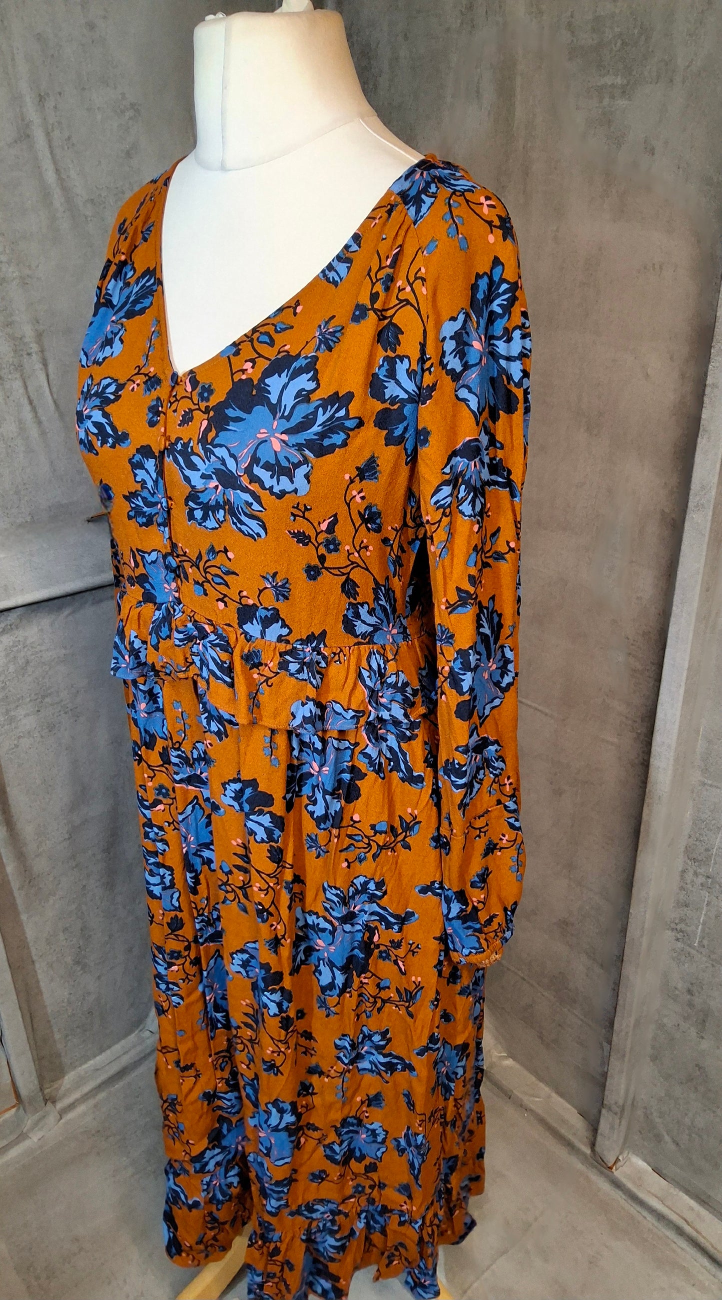 Oliver Bonas Boho Autumn Floral Midi Dress – Orange & Blue – UK 10