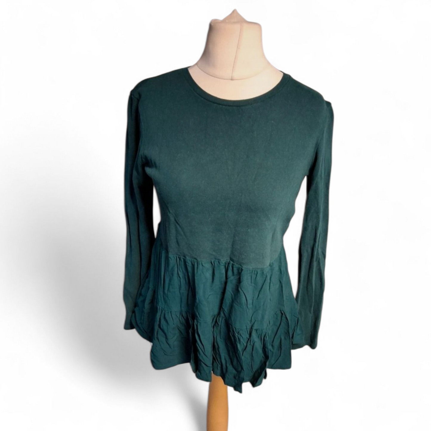Zara Green Long Sleeve Jumper – Size S (UK size 8/10) – Frill Hem Layered Look