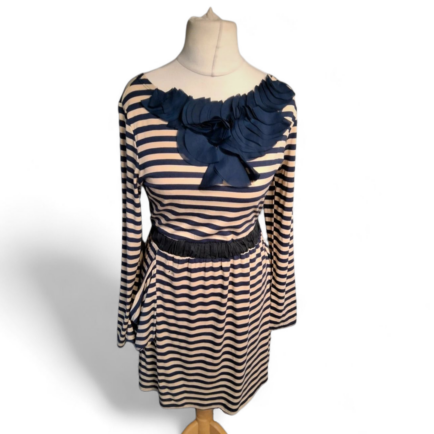 Max C Navy & Cream Striped Long Sleeve Dress – Size 12 – Pockets & Elastic Waist