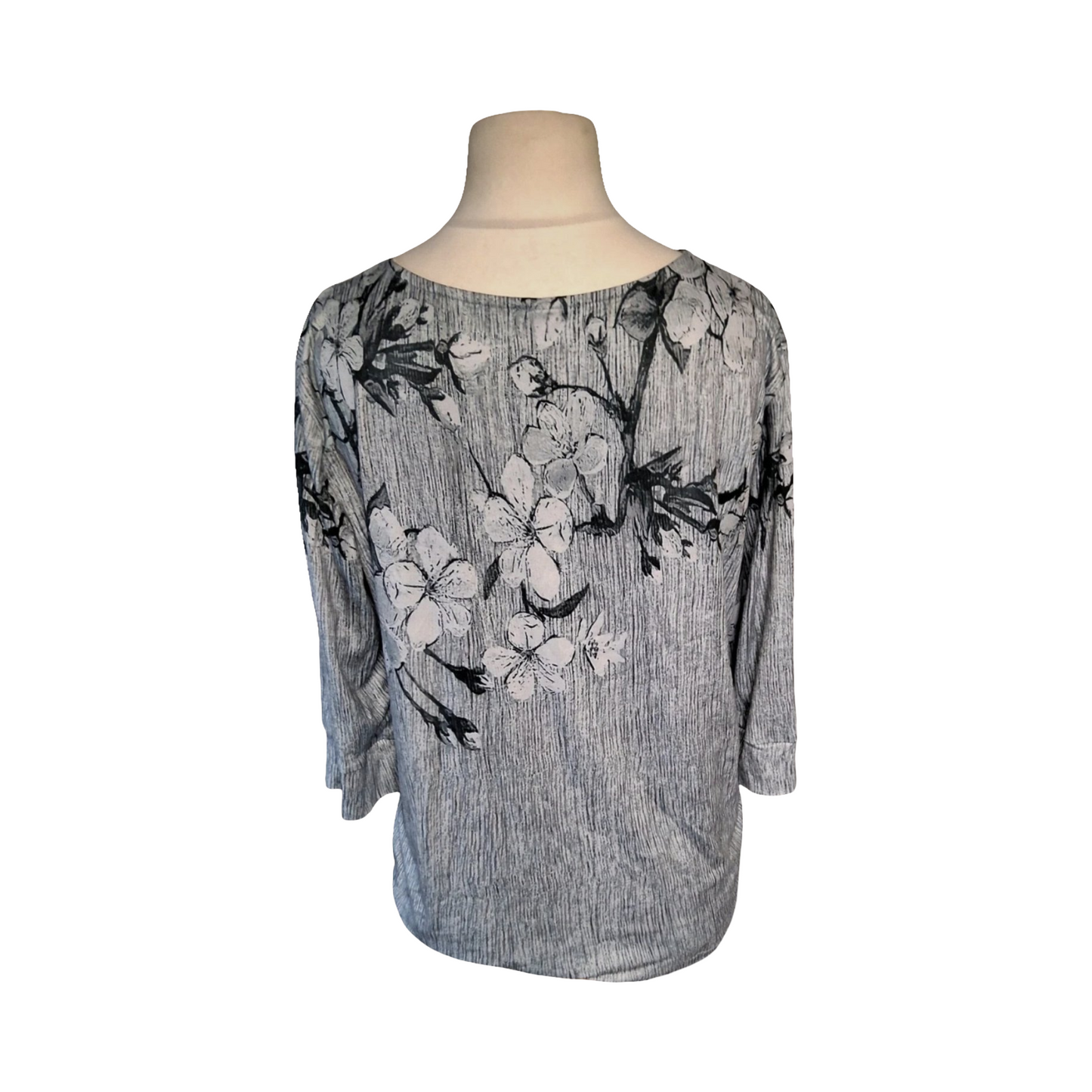 Grey Floral 3/4 Sleeve Stretchy Top – Size L (UK size 16/18) – Casual Everyday Style