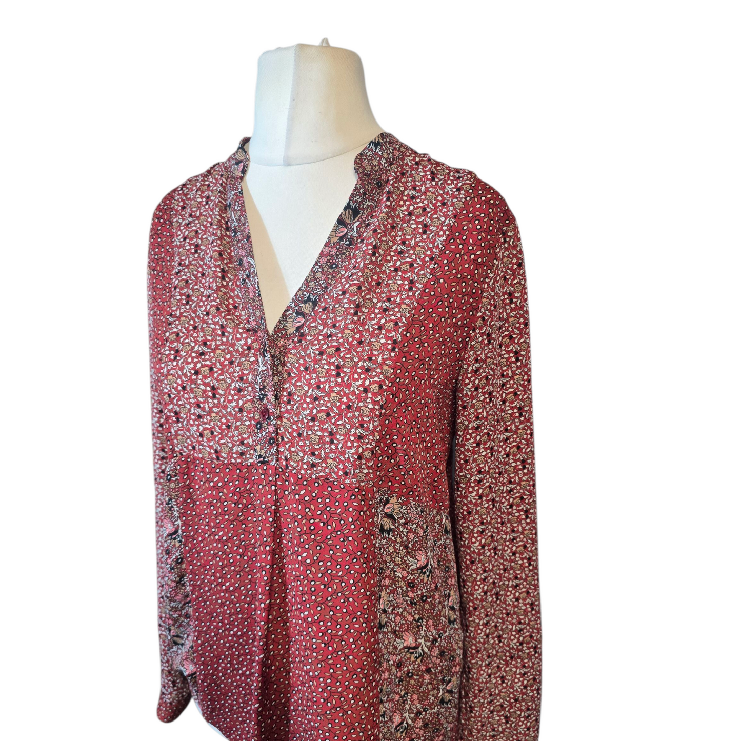 Zara Burgundy Red Floral Patchwork Blouse – Size M (UK size 10/12) – 100% Polyester