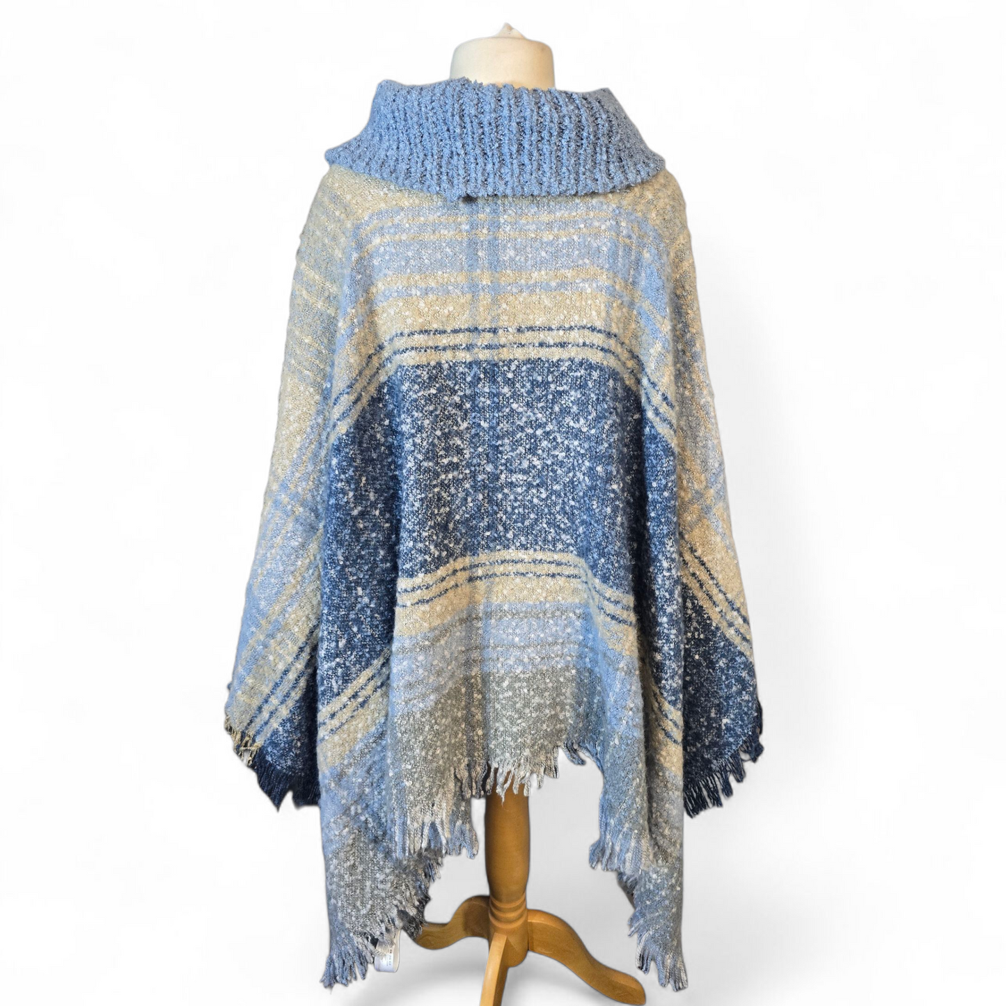 Lauren Taylor Blue & Beige Knitted Poncho – Turtleneck Tasselled Design – One Size (Fits 12–24)