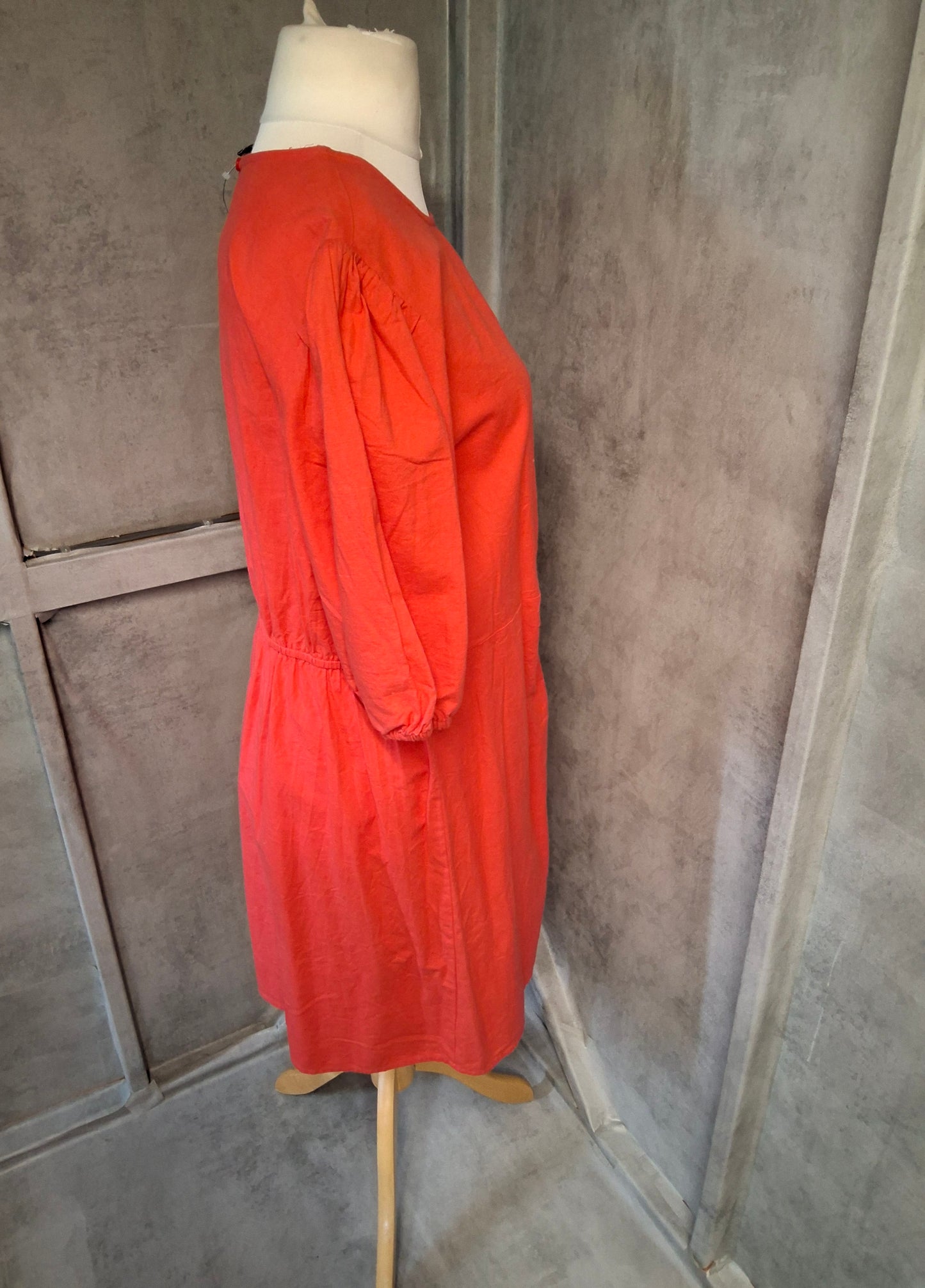 Primark Red Linen Blend Puff Sleeve Cut-Out Dress – Size 20