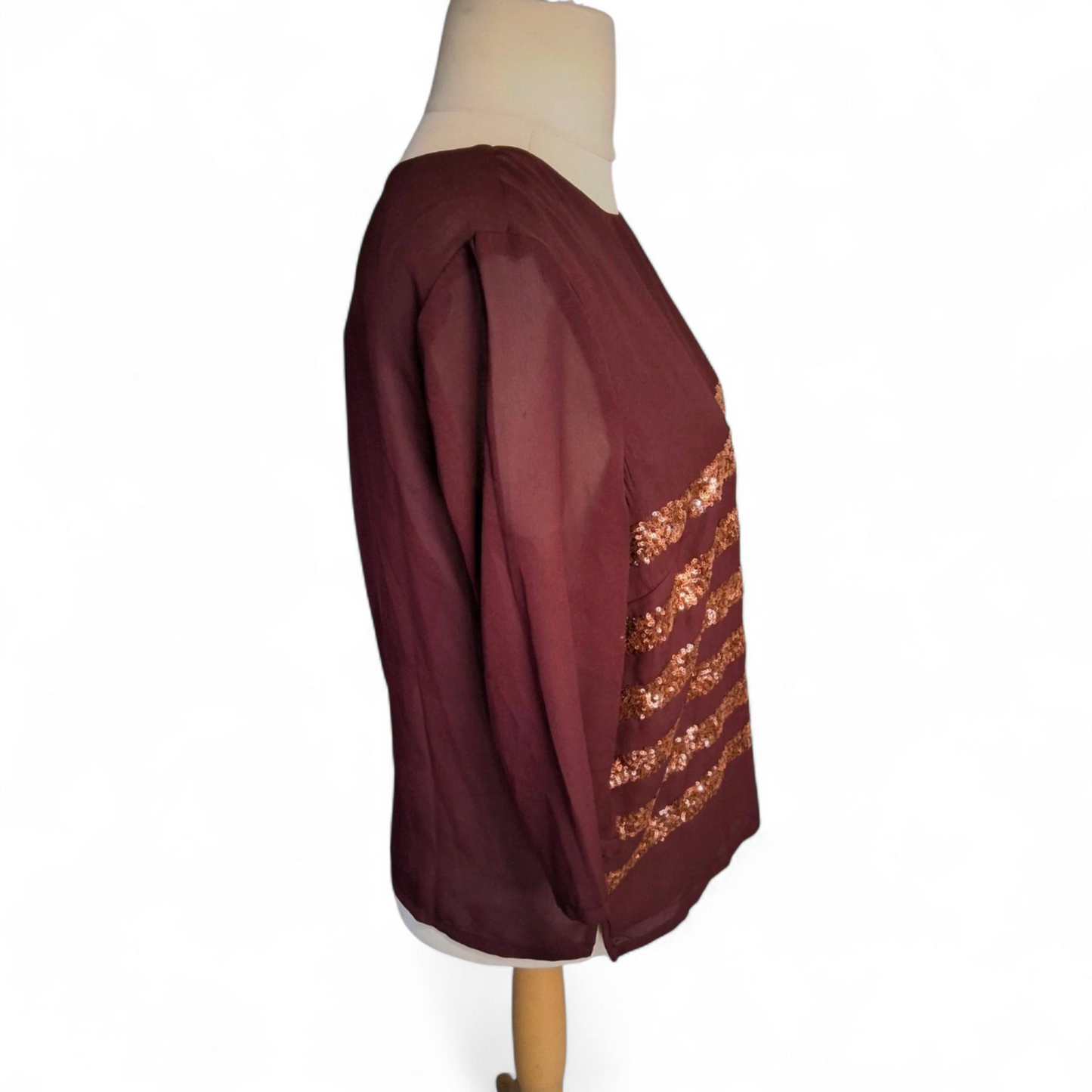 Dickens & Jones Burgundy & Bronze Sequin Top – Size 16 – Sheer Sleeves