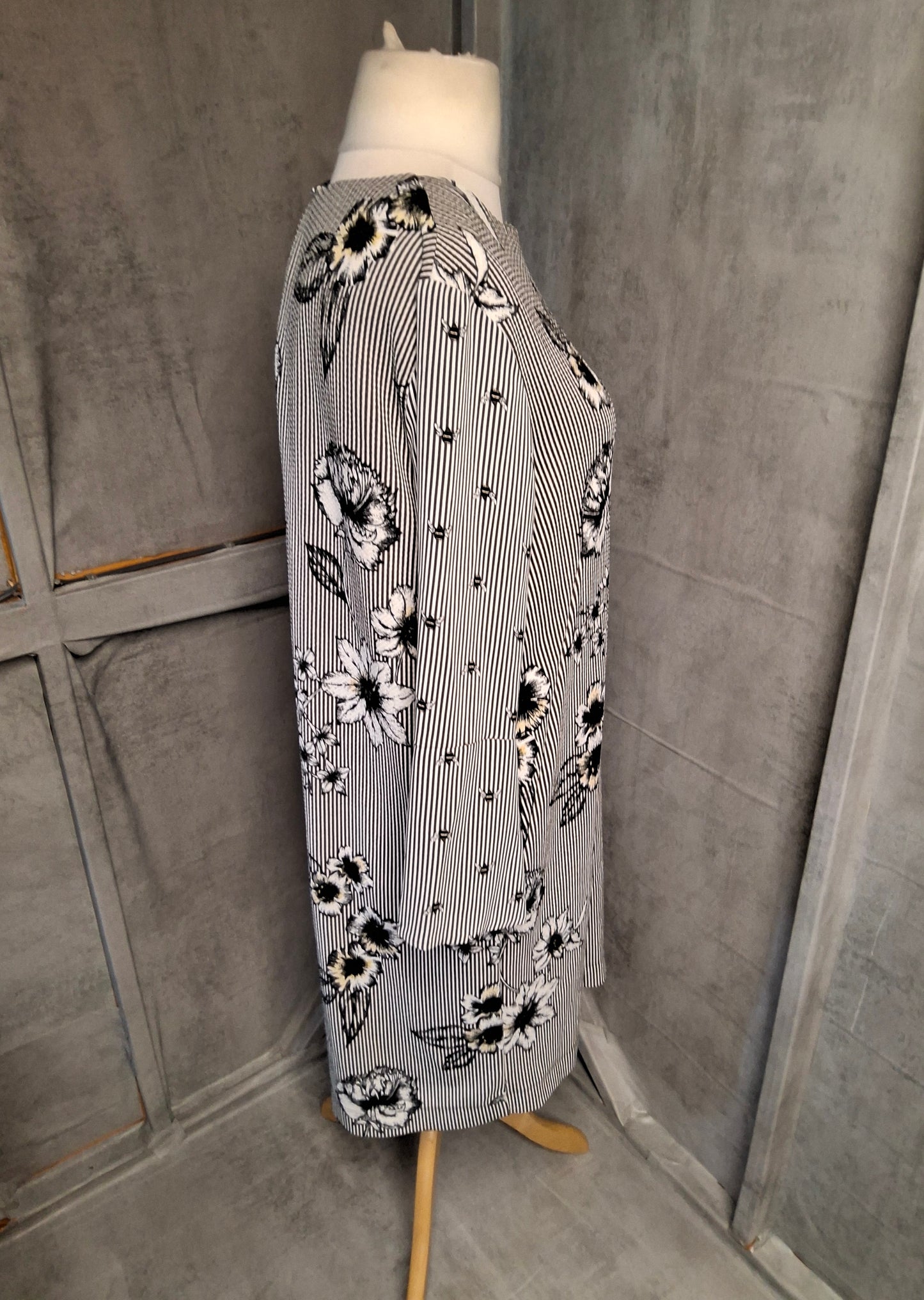 Next Black & White Stripe Floral Bee Print Midi Dress – Long Sleeves, Size 16, Polyester