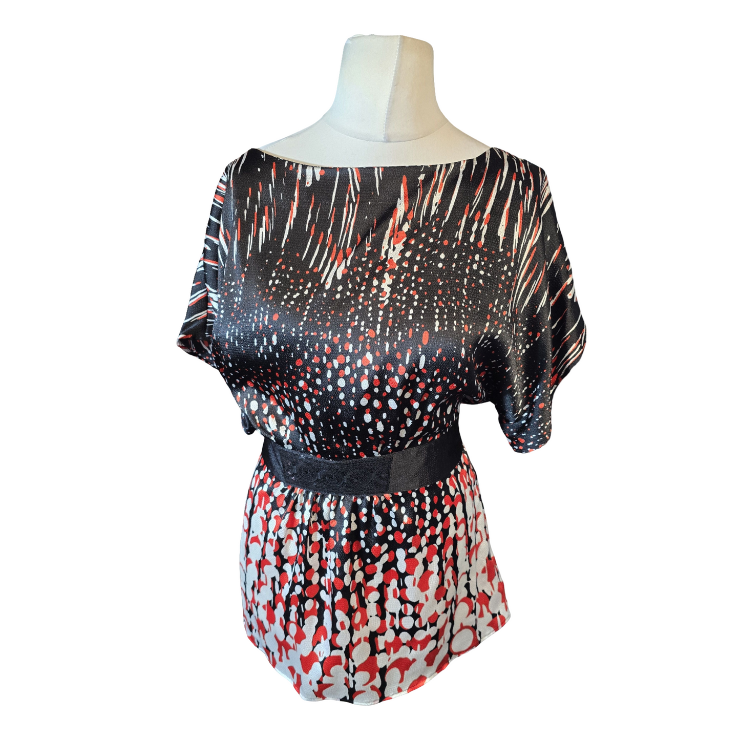Monsoon Black, Red & White Silky Belted Top – Size 16 – Evening Occasion Wear