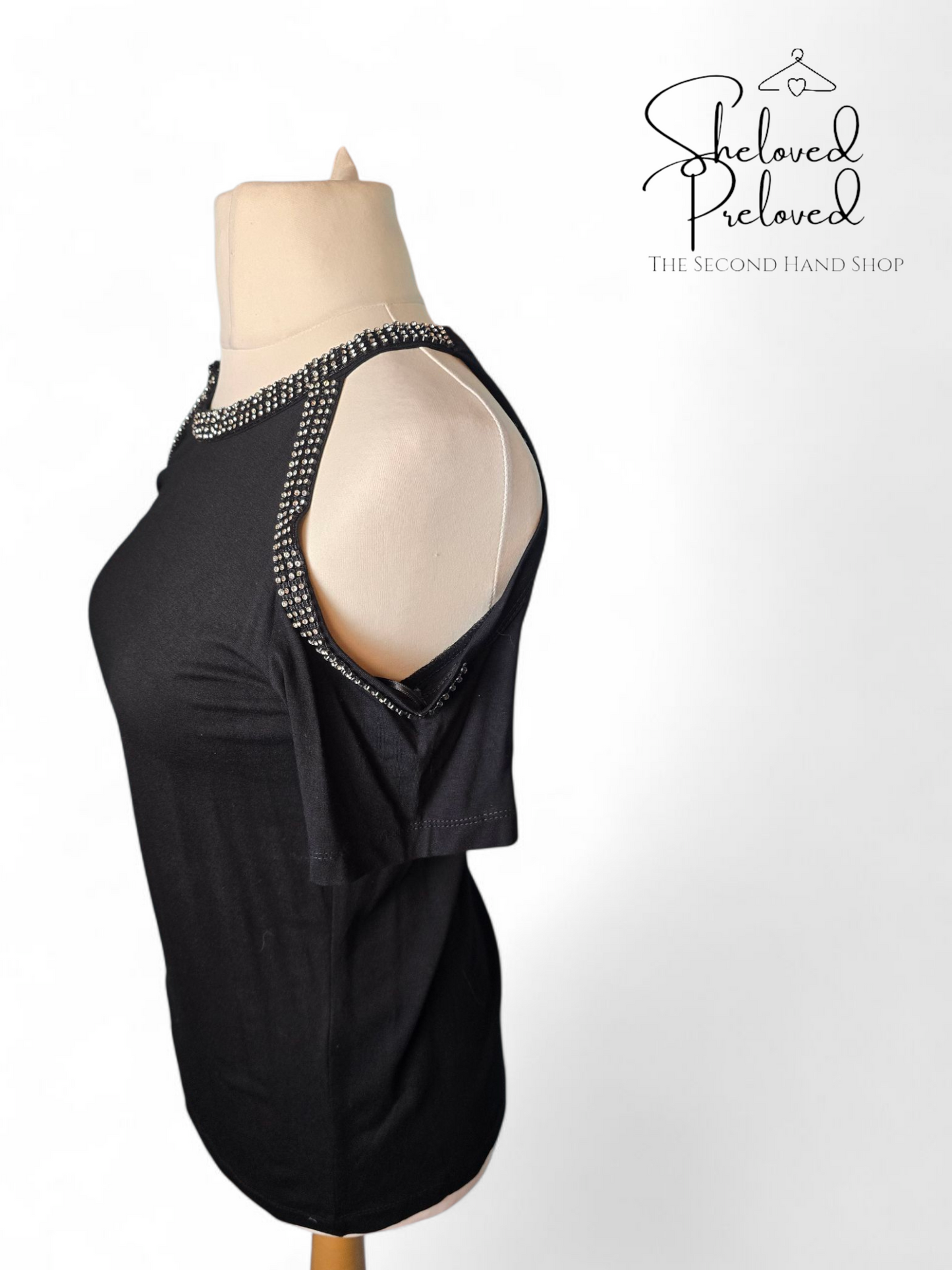 Black & Silver Gem Cold Shoulder T-Shirt – Size 14, Stretch Fit