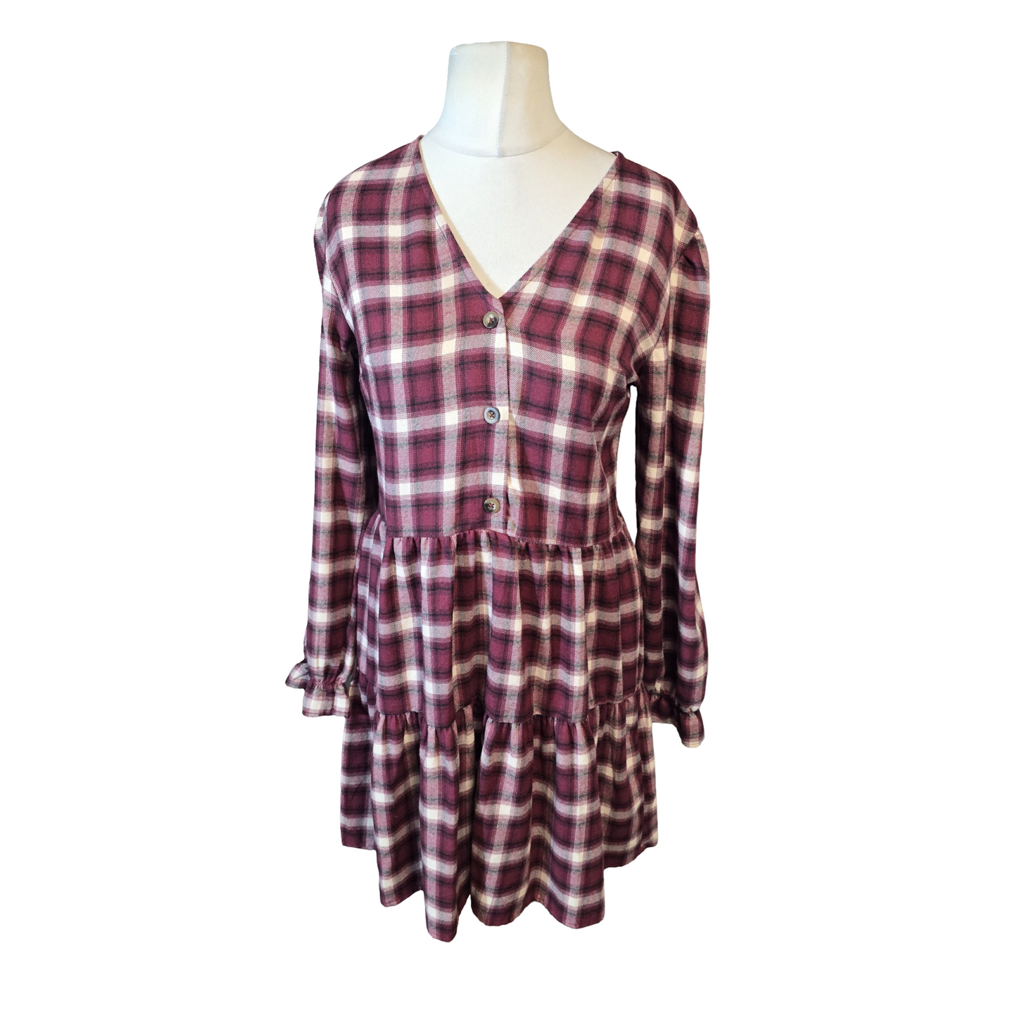 Primark Burgundy & White Checked Tiered Dress – Size 10 – Long Sleeve