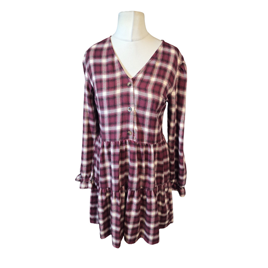 Primark Burgundy & White Checked Tiered Dress – Size 10 – Long Sleeve
